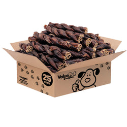 ValueBull Beef Jerky Gullet Braids, Premium Dog Chews, Thick 6 Inch, 25 Count Bulk Pack