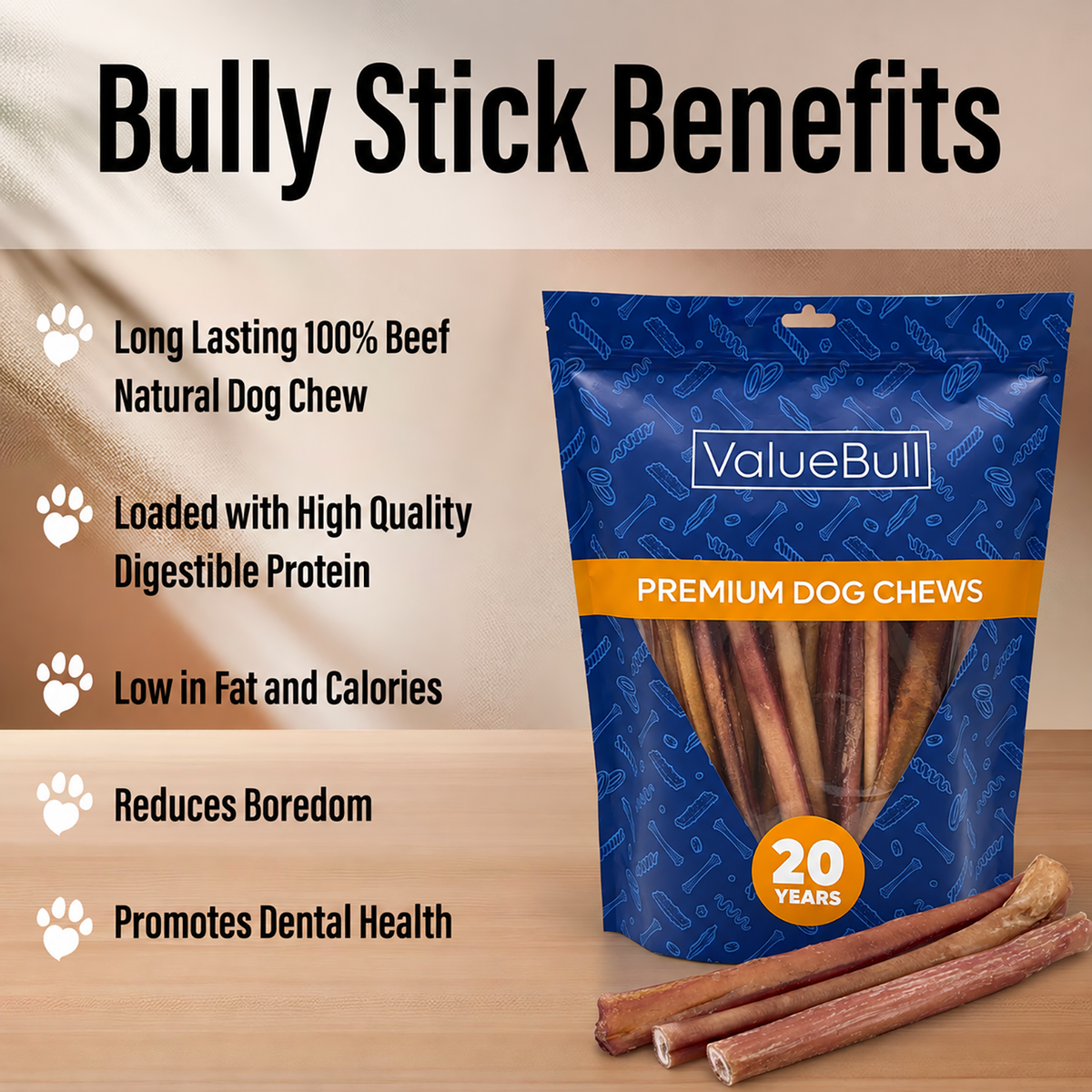 ValueBull Odor Free Bully Sticks for Large Dogs, Thick 12 Inch, 100 Count Wholesale Pack