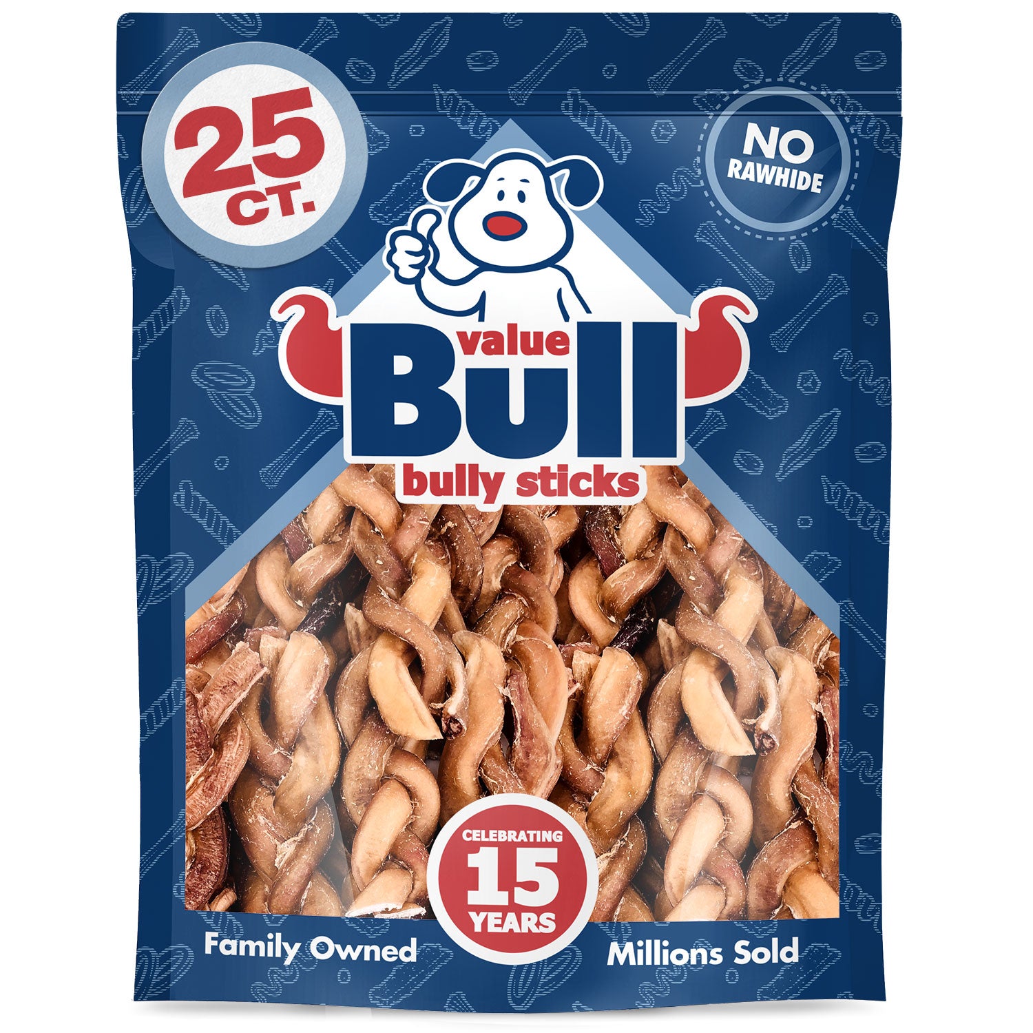 ValueBull Braided Bully Sticks, Thick 6 Inch, 25 Count