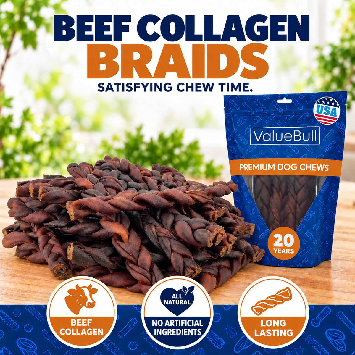 ValueBull USA Collagen Braid Beef Large Dog Chews, Medium 12 Inch, 50 Count Bulk Pack - Medium - 50 Braids