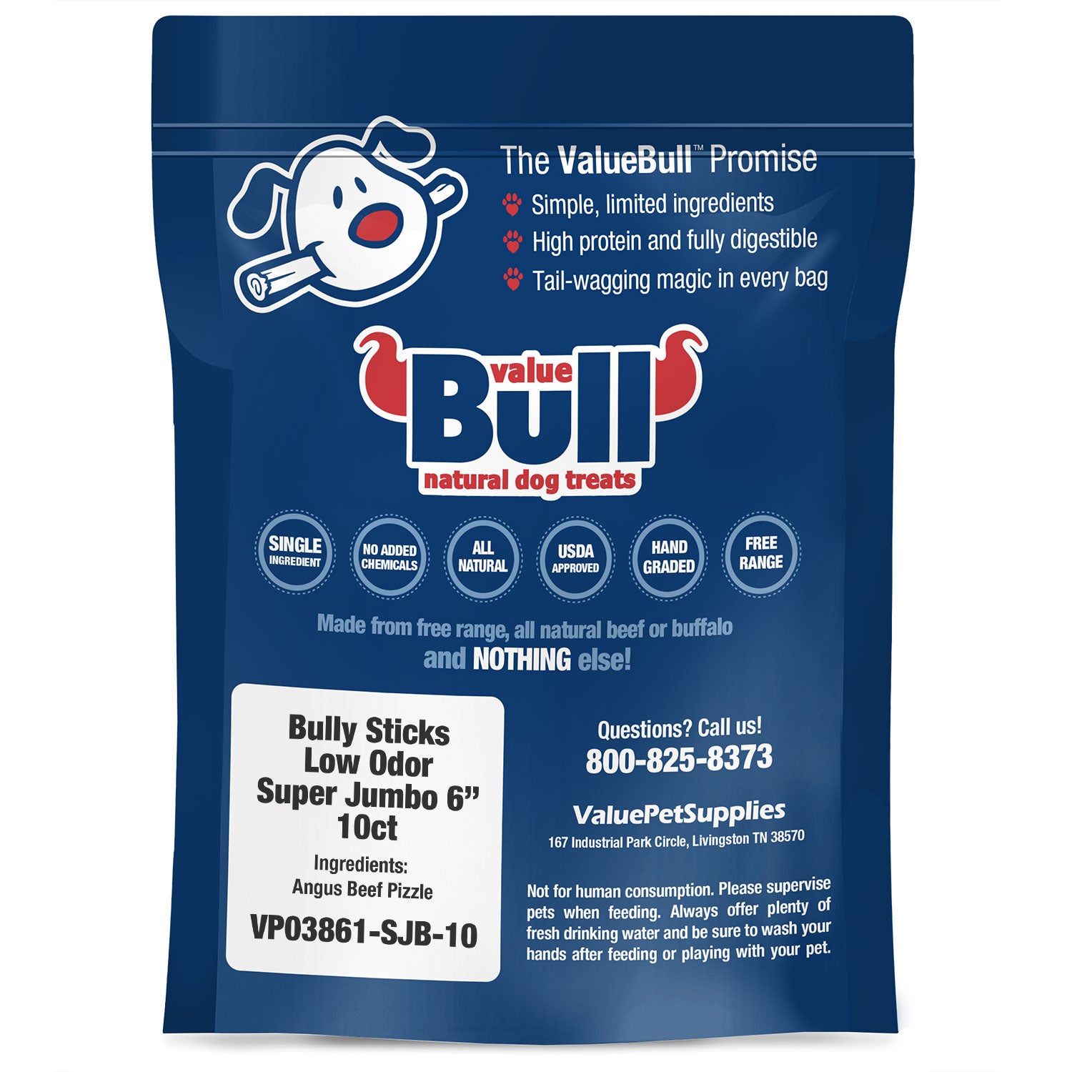 ValueBull Bully Sticks, Low Odor Premium Dog Chews, Super Jumbo 6", 10 ct
