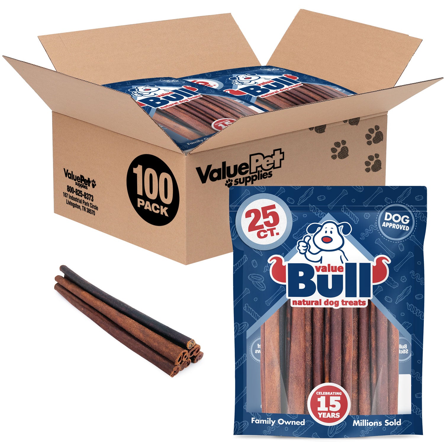 ValueBull USA Collagen Sticks, Premium Beef Dog Chews, 12" Thick, 100 Count