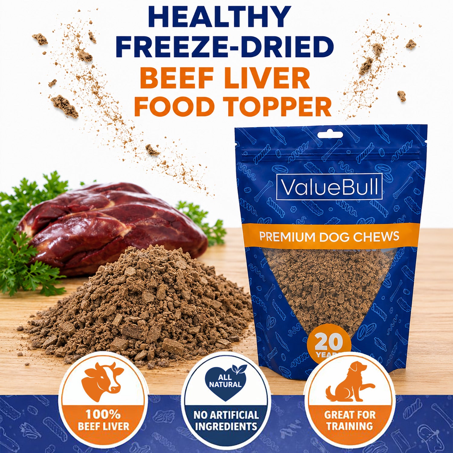 ValueBull USA Freeze Dried Beef Liver Food Topper for Dogs & Cats, 2 Pound - 2