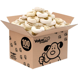 ValueBull USA Beef Rawhide Donut Rings, Premium Thick Cut, 100 Count Bulk Pack