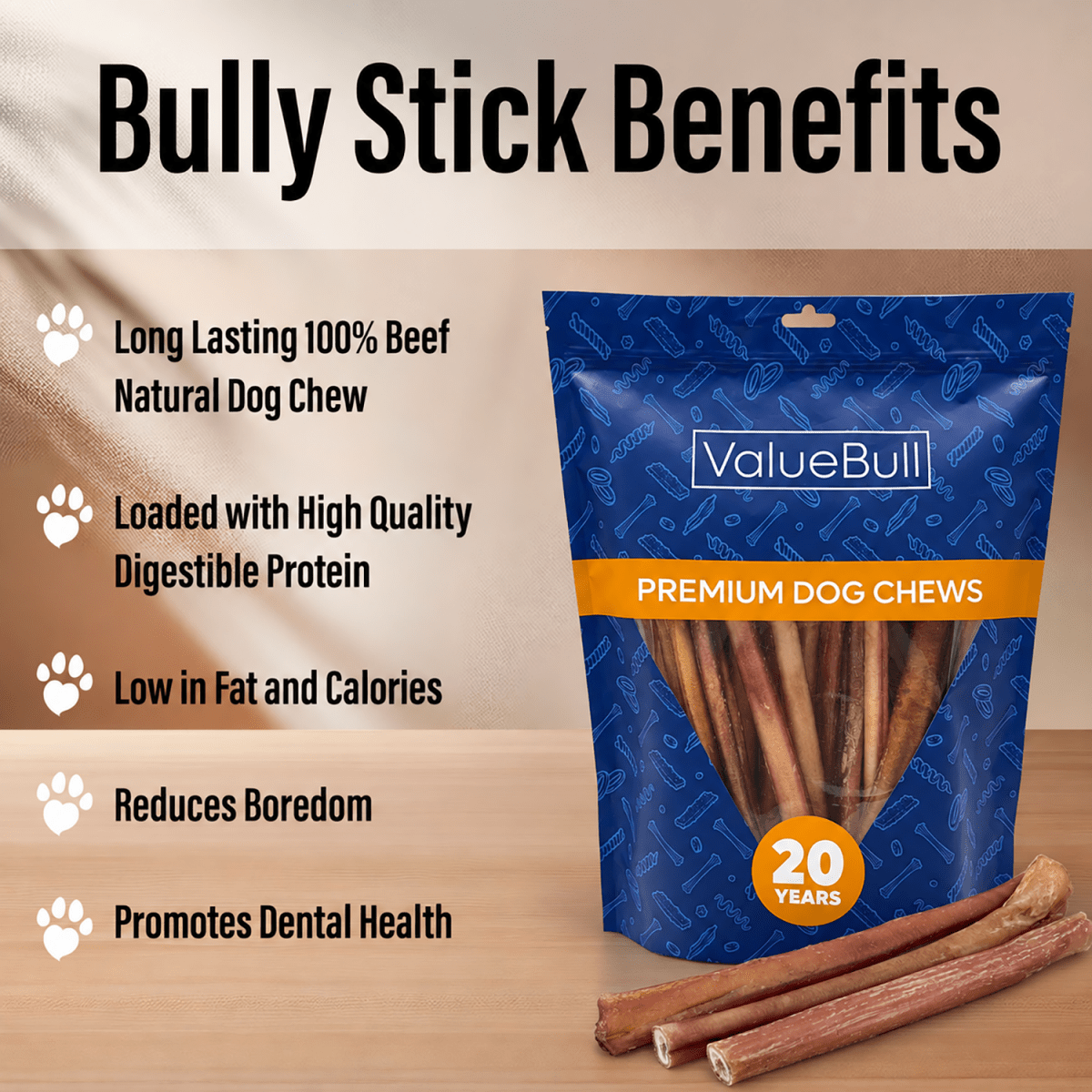 ValueBull Odor Free Bully Sticks for Large Dogs, Thick 12 Inch, 50 Count - ValuePetSupplies