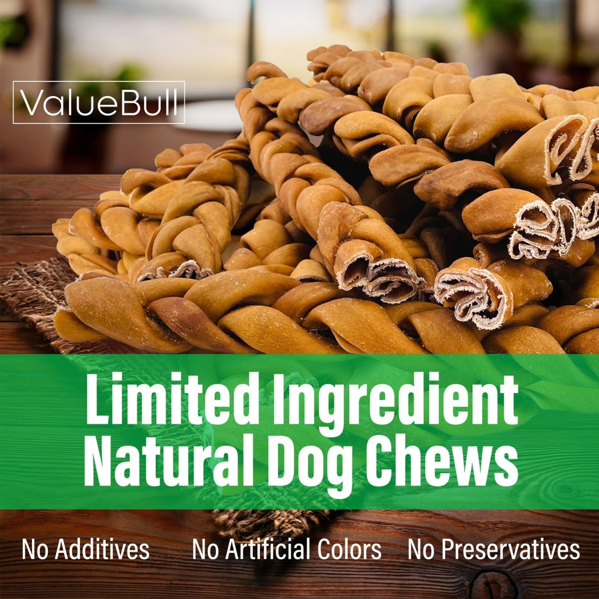 ValueBull USA Collagen Braids, Dog Chews, Natural Beef, Chicken Infused, Thick, 12 Inch, 25 Count BULK PACK - ValuePetSupplies