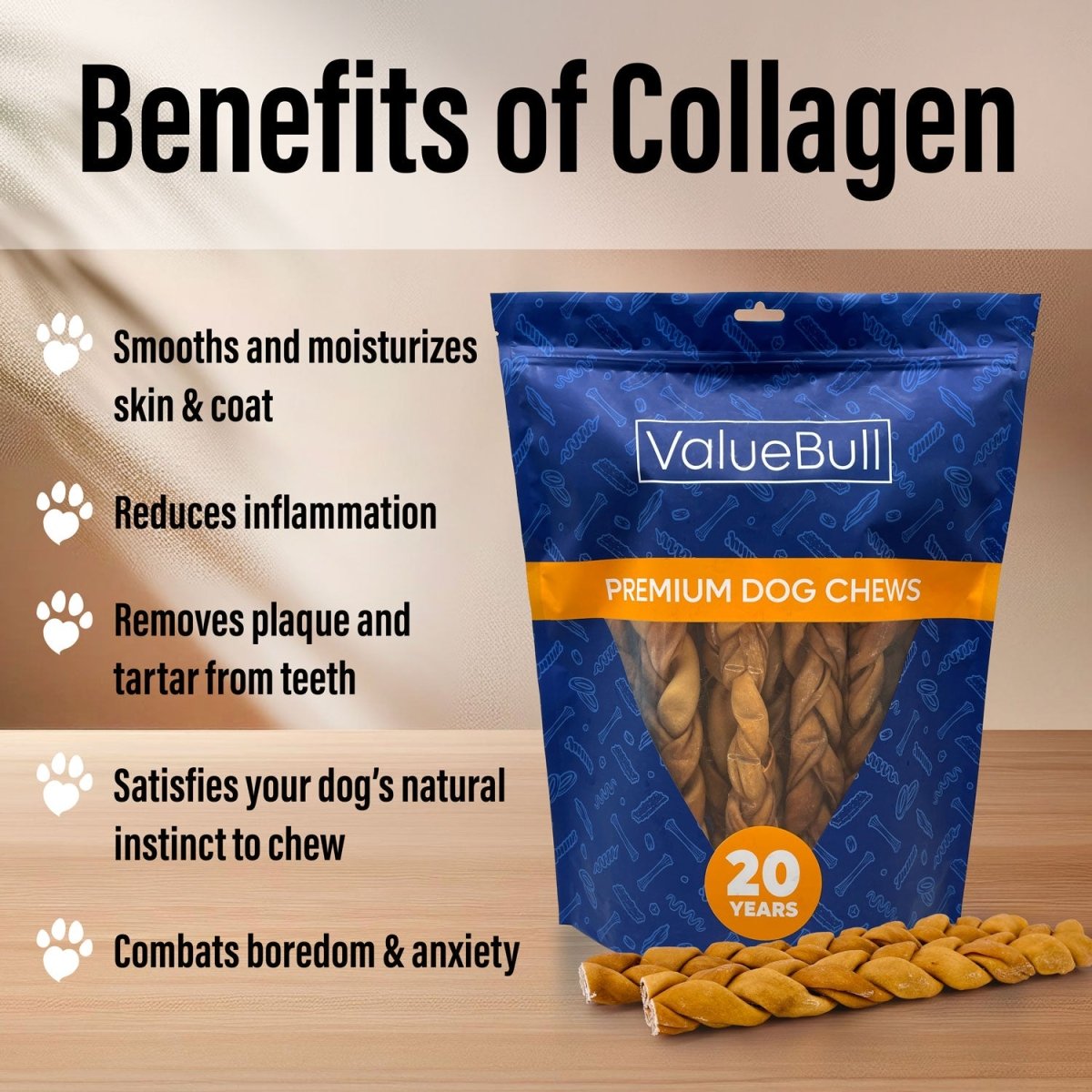 ValueBull USA Collagen Braids, Dog Chews, Natural Beef, Chicken Infused, Thick, 12 Inch, 25 Count BULK PACK - ValuePetSupplies