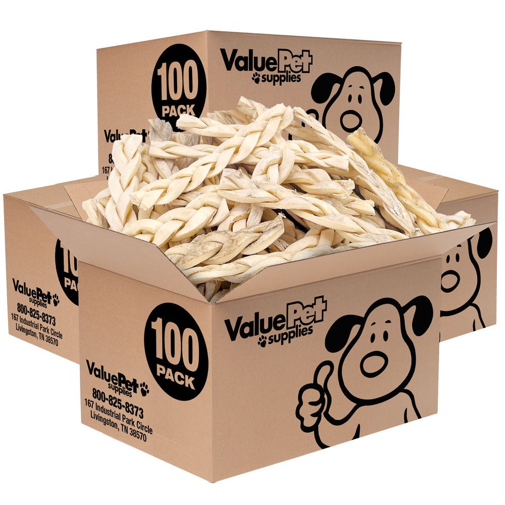 ValueBull Beef Cheek Braids, Long Lasting Dog Chews, 5 - 6 Inch, 400 Count WHOLESALE PACK - ValuePetSupplies