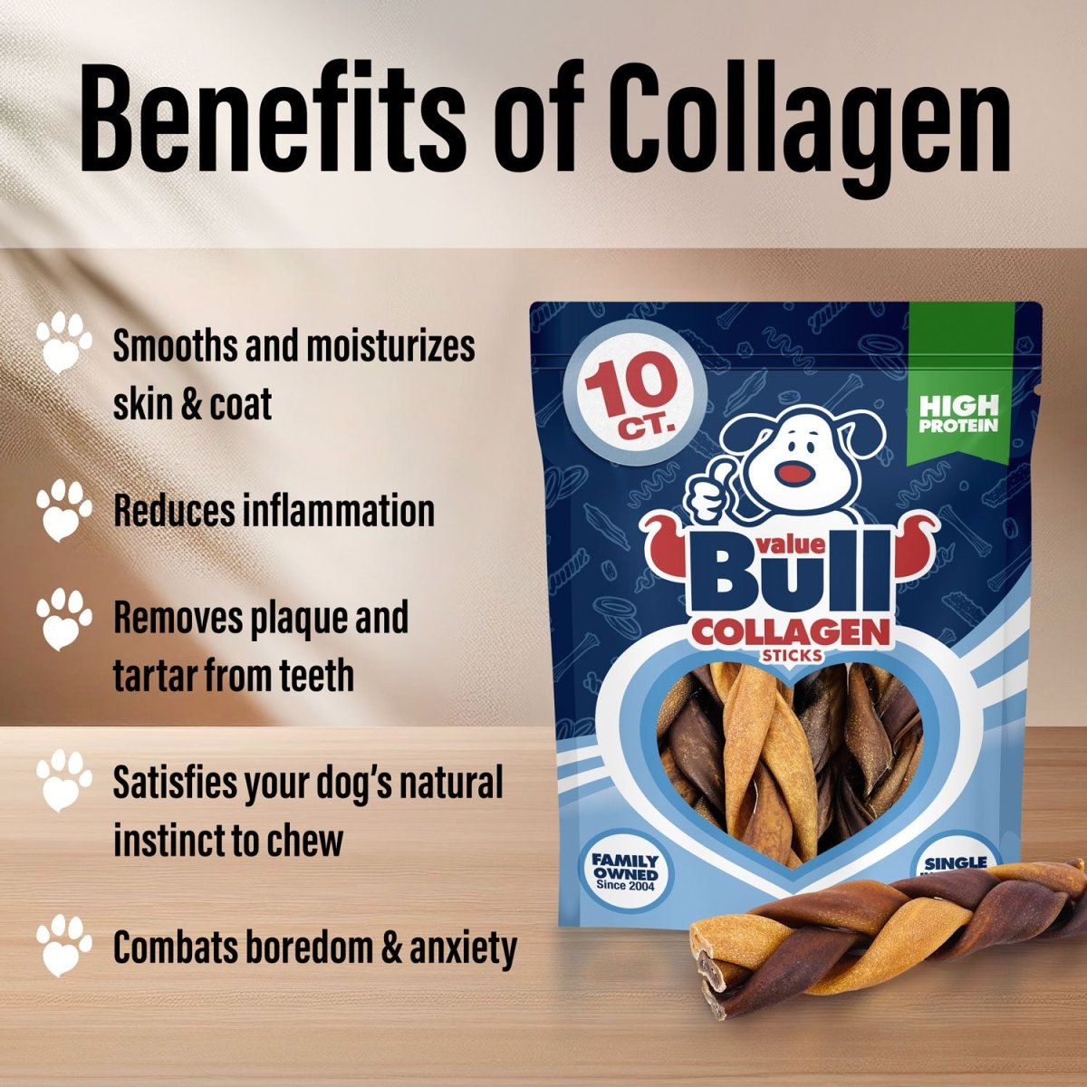 ValueBull Collagen Braided Sticks for Dogs, 6 Inch Medium Chews, Natural Long-Lasting Dog Treats, 10 Count - Medium - 10 Braids