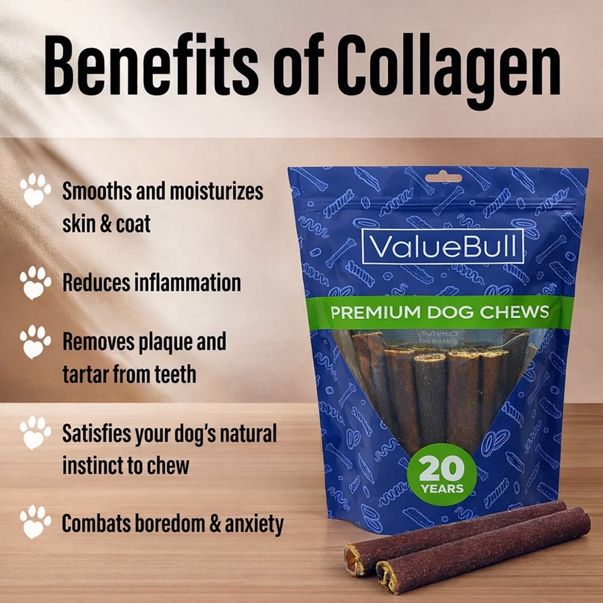ValueBull Buffalo Collagen Sticks for Dogs, 6 Inch Thick Chews, Natural Long-Lasting Dog Treats, 50 Count - Thick - 50 Sticks
