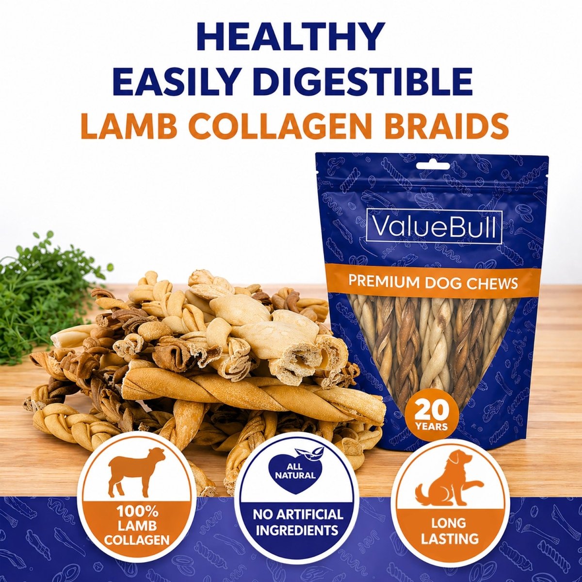ValueBull Lamb Collagen Braids for Dogs, Varied Sizes & Shapes, 800 Count Wholesale Pack