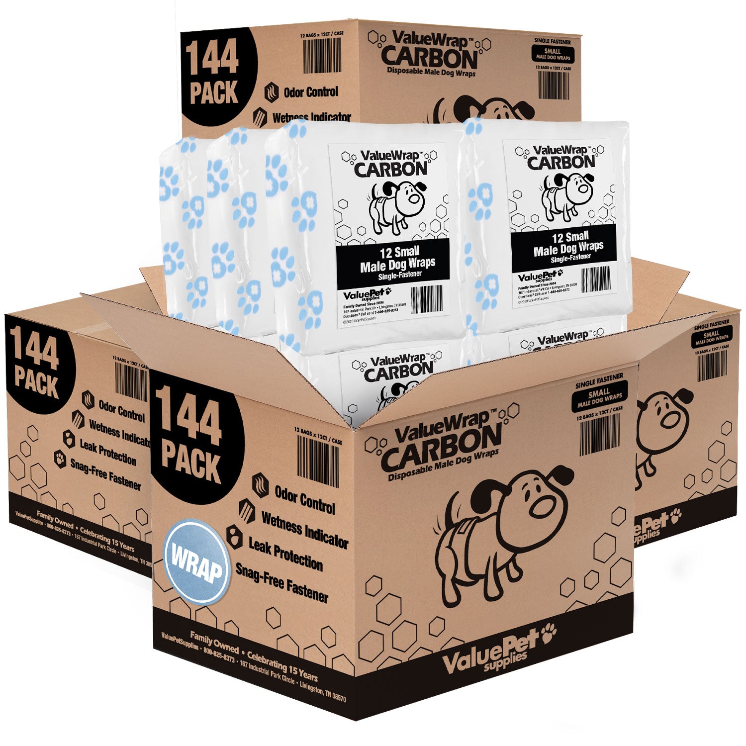 ValueWrap Male Wraps, Disposable Dog Diapers, Carbon, 1-Tab Small, 576 Count WHOLESALE PACK