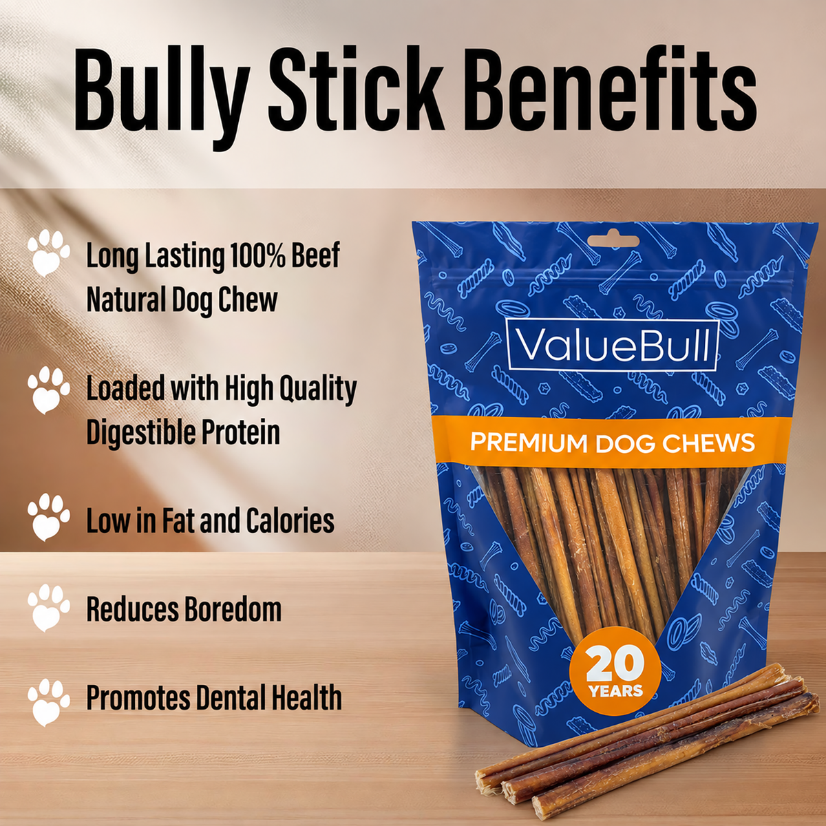 ValueBull Odor Free Bully Sticks for Small Dogs, Thin 12 Inch, 100 Count