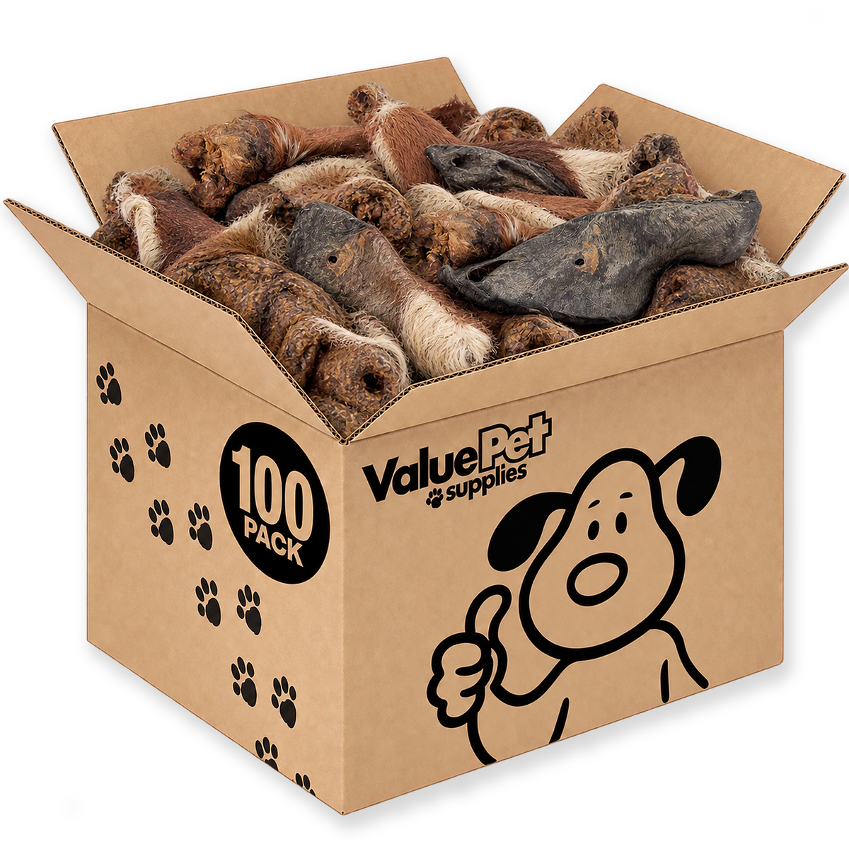 ValueBull Hairy Cow Ears for Dogs, 100 Count Wholesale Pack