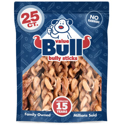 ValueBull Braided Bully Sticks, Thick 6 Inch, 25 Count