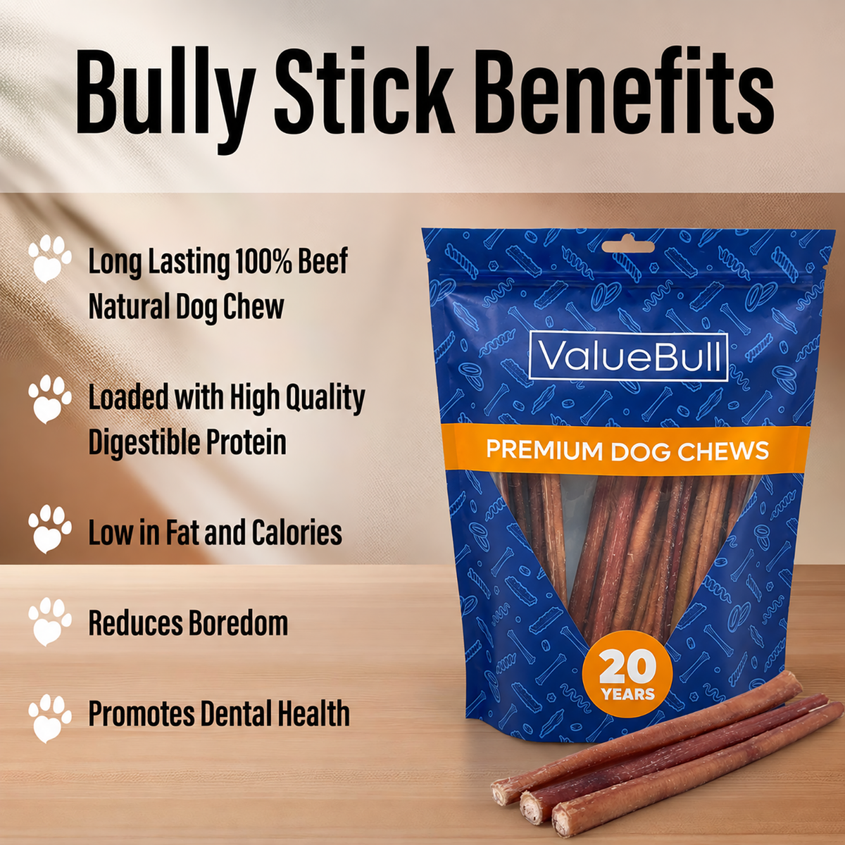 ValueBull Odor Free Bully Sticks for Dogs, Medium 12 Inch, 50 Count