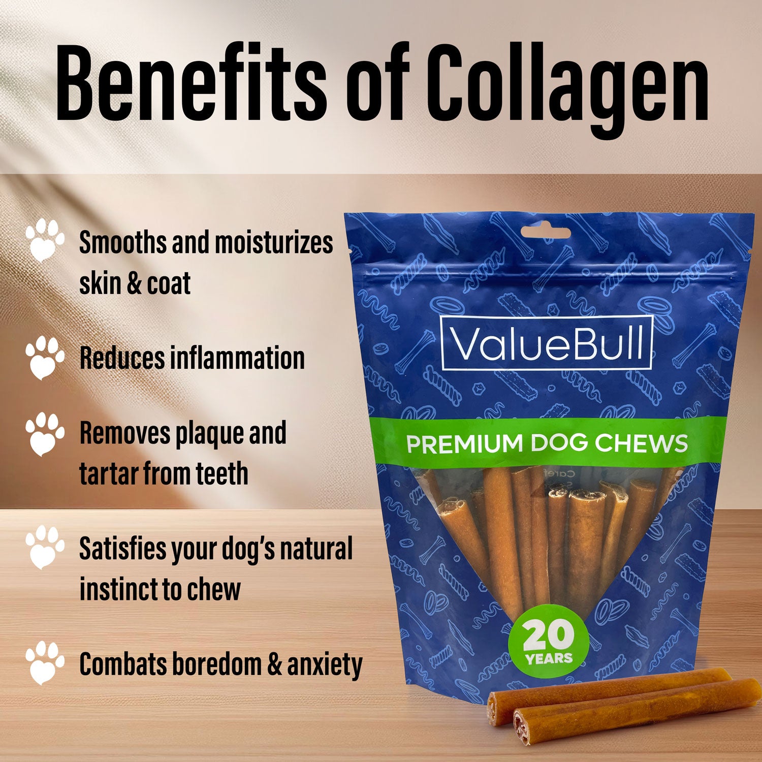 ValueBull Buffalo Collagen Sticks for Dogs, 6 Inch Thick Chews, Natural Long-Lasting Dog Treats, 50 Count - Thick - 50 Sticks