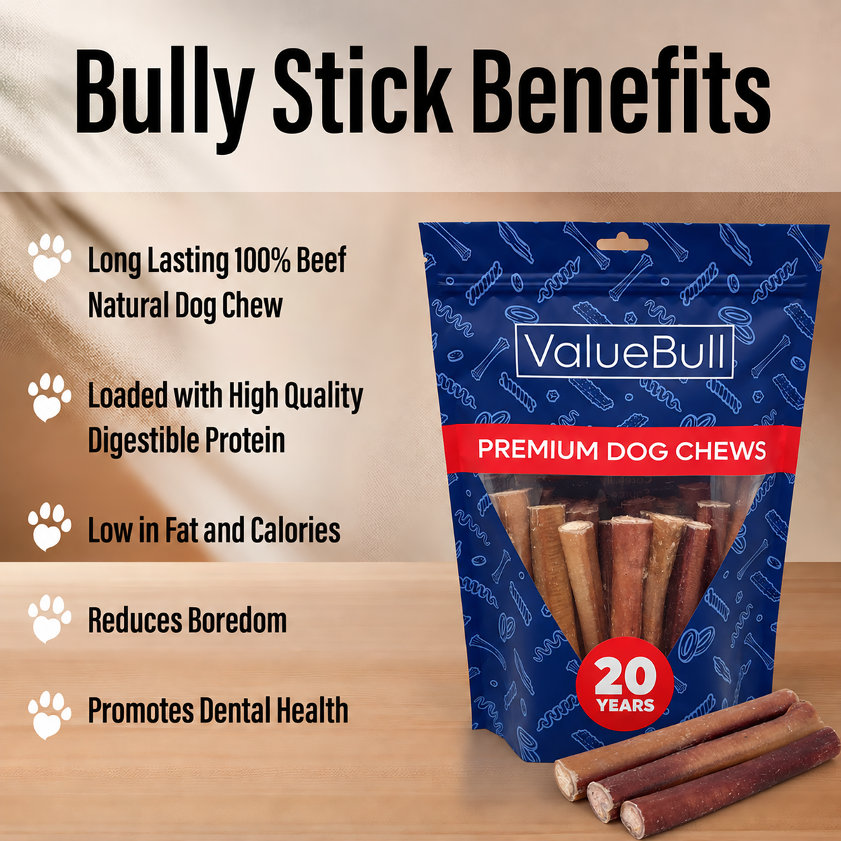 ValueBull Odor Free Bully Sticks for Large Dogs, Jumbo 6 Inch, 50 Count - 50