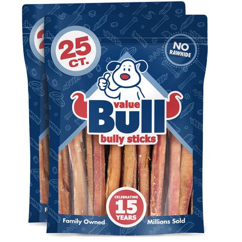 ValueBull Bully Sticks, Low Odor Premium Dog Chews, Thick 6", 50 ct