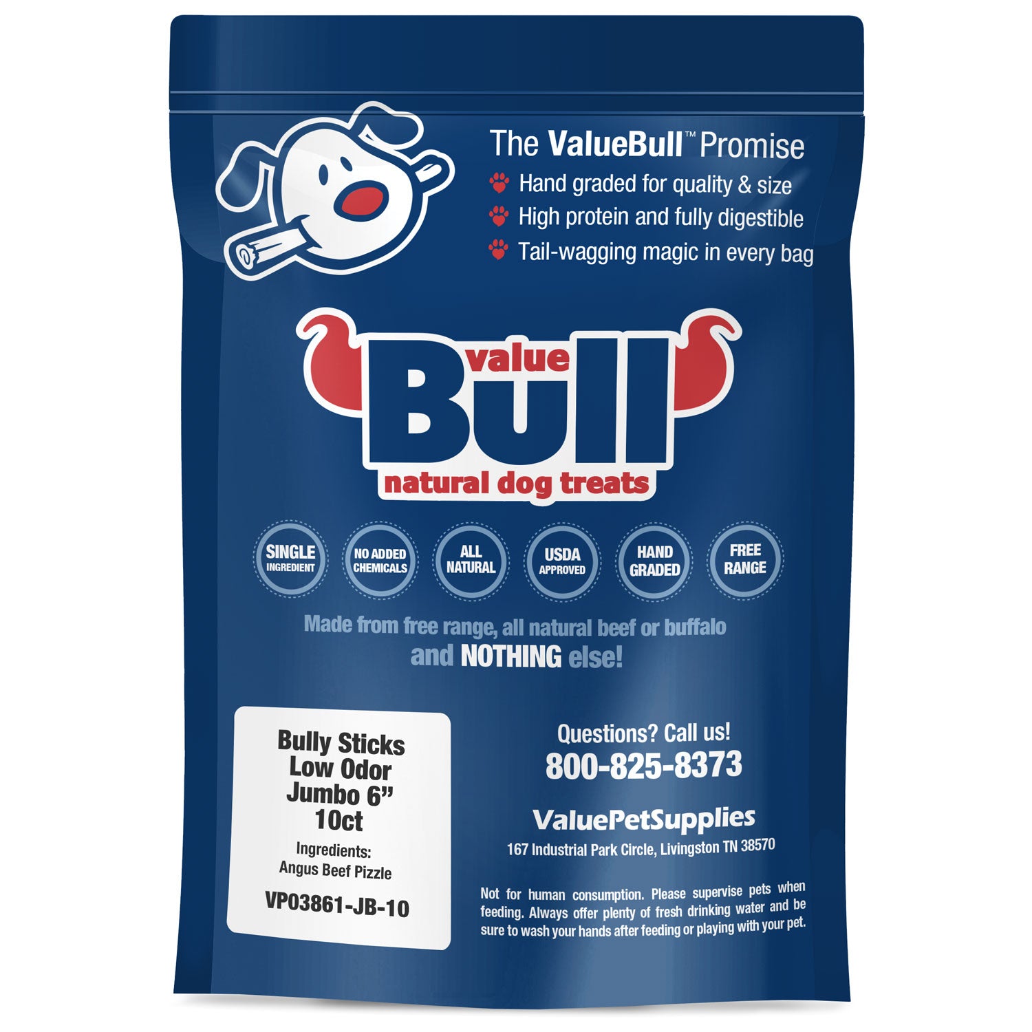 ValueBull Bully Sticks, Low Odor Premium Dog Chews, Jumbo 6", 10 ct