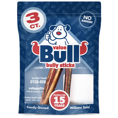 ValueBull Bully Sticks for Small Dogs, Thin 6 Inch, 3 Count (SAMPLE PACK)
