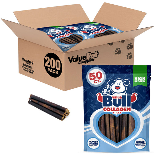 ValueBull USA Collagen Sticks, Premium Beef Small Dog Chews, 6" Thin, 200 Count