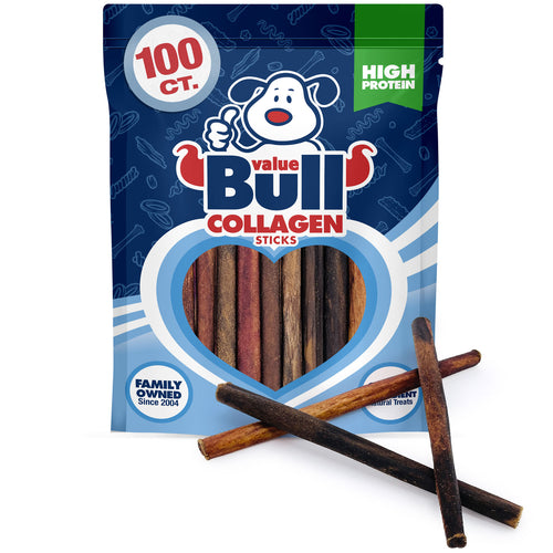 ValueBull USA Collagen Sticks, Premium Beef Small Dog Chews, Low Odor, 6" Extra Thin, 100 Count