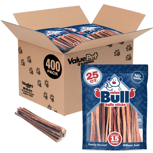 ValueBull Bully Sticks, Low Odor Premium Dog Chews, Medium 12", 400 ct
