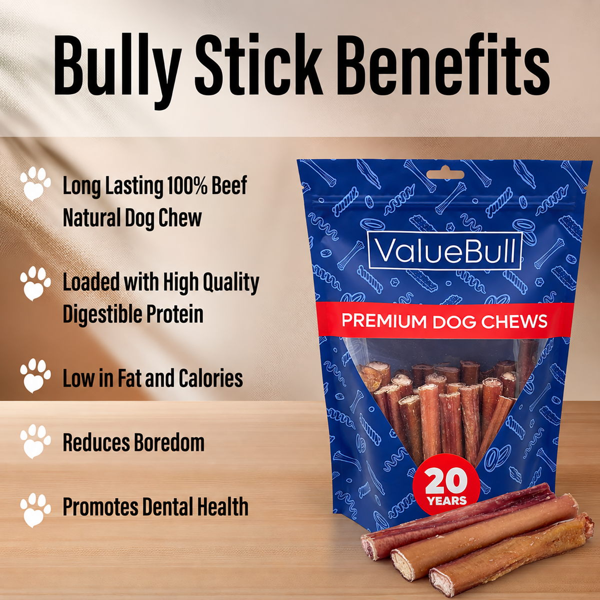 ValueBull Odor Free Bully Sticks for Large Dogs, Thick 6 Inch, 50 Count