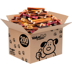 ValueBull Bully Sticks for Large Dogs, Thick 4-6 Inch, Varied Shapes, 200 Count Bulk Pack