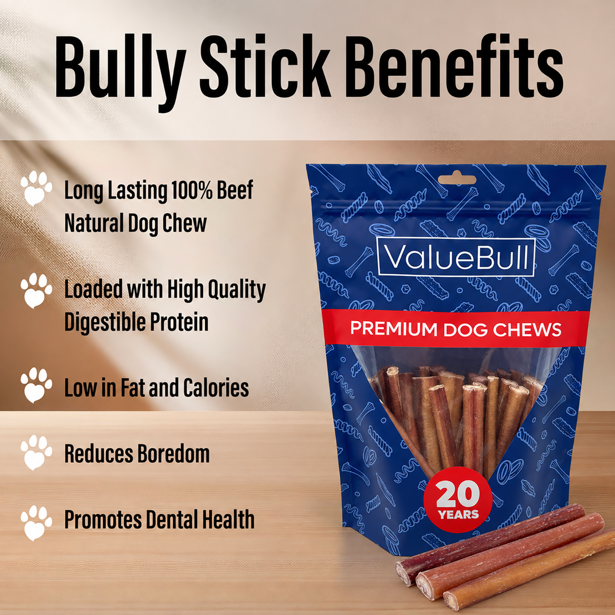 ValueBull Odor Free Bully Sticks for Dogs, Medium 6 Inch, 10 Count