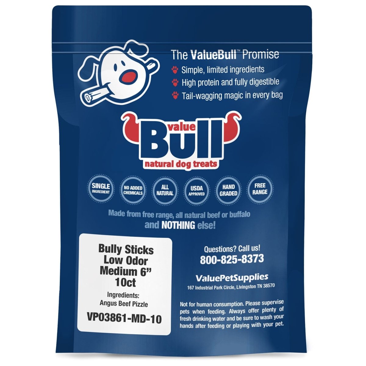 ValueBull Bully Sticks, Low Odor Premium Dog Chews, Medium 6", 10 ct - ValuePetSupplies