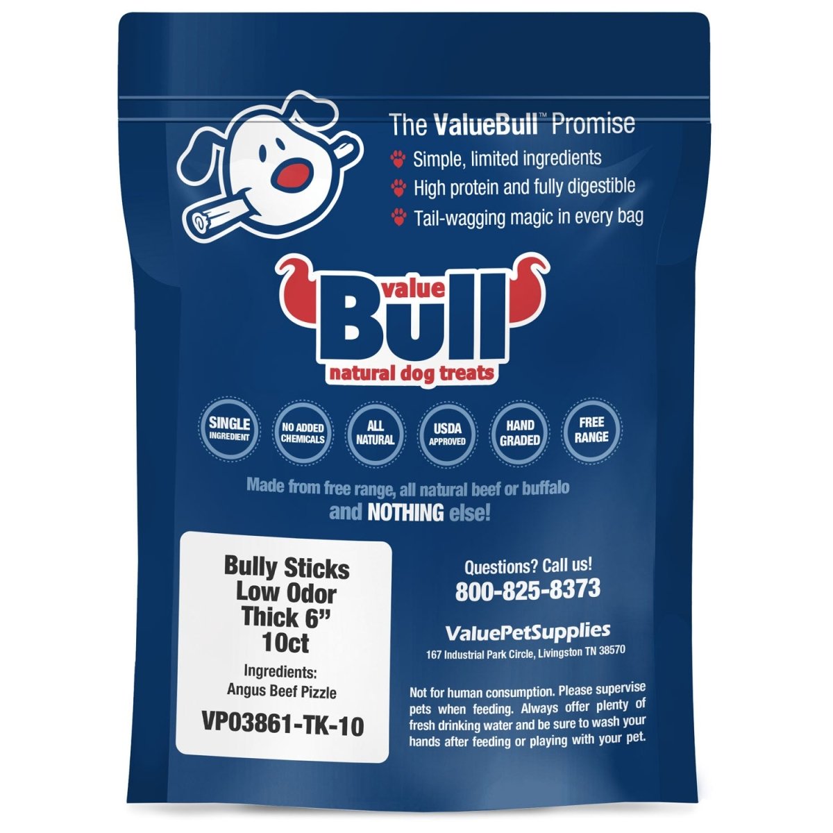 ValueBull Bully Sticks, Low Odor Premium Dog Chews, Thick 6", 10 ct - ValuePetSupplies