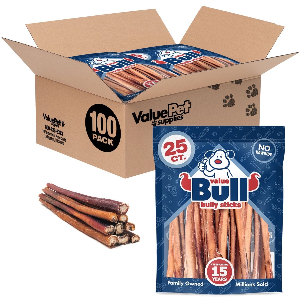 ValueBull Bully Sticks, Low Odor Premium Dog Chews, Thick 12", 100 ct - ValuePetSupplies