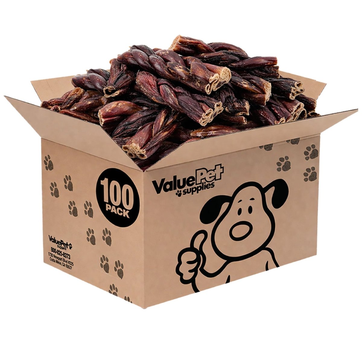 ValueBull Beef Jerky Gullet Braids, Premium Dog Chews, Thick 6 Inch, 100 Count Bulk Pack - ValuePetSupplies