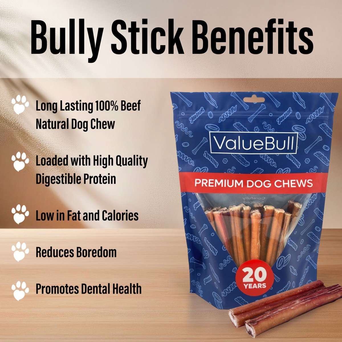 ValueBull Bully Sticks for Dogs, Super Jumbo 6 Inch, 50 Count - ValuePetSupplies