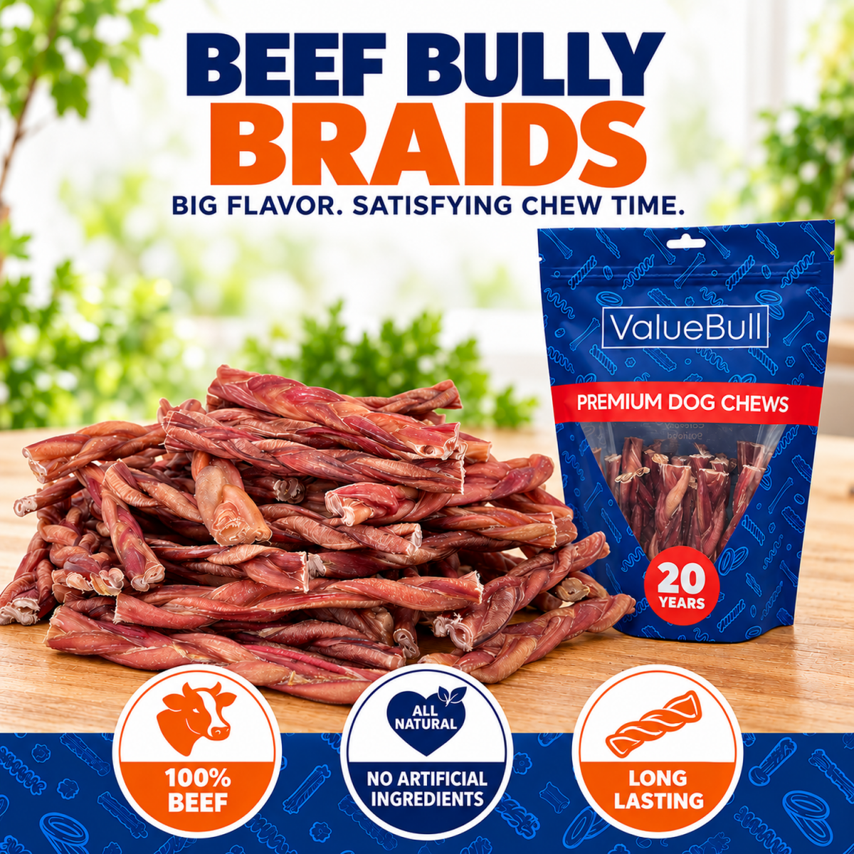 ValueBull Braided Bully Sticks for Small Dogs, Thin 6 Inch, 50 Count - ValuePetSupplies