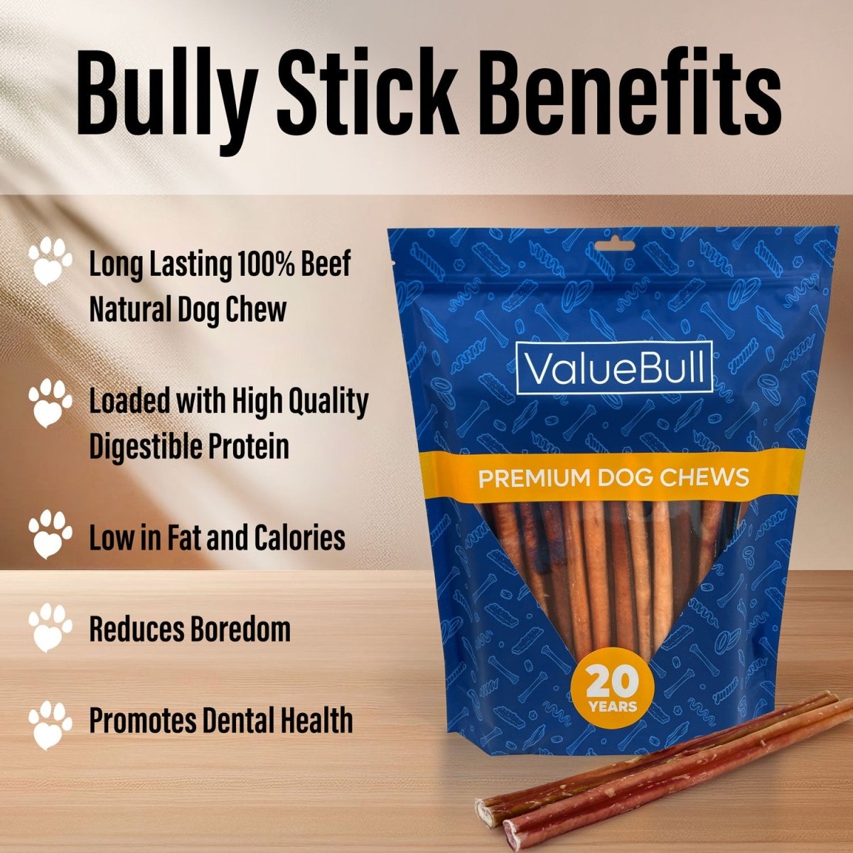 ValueBull Bully Sticks for Dogs, Thick 12 Inch, 50 Count - ValuePetSupplies