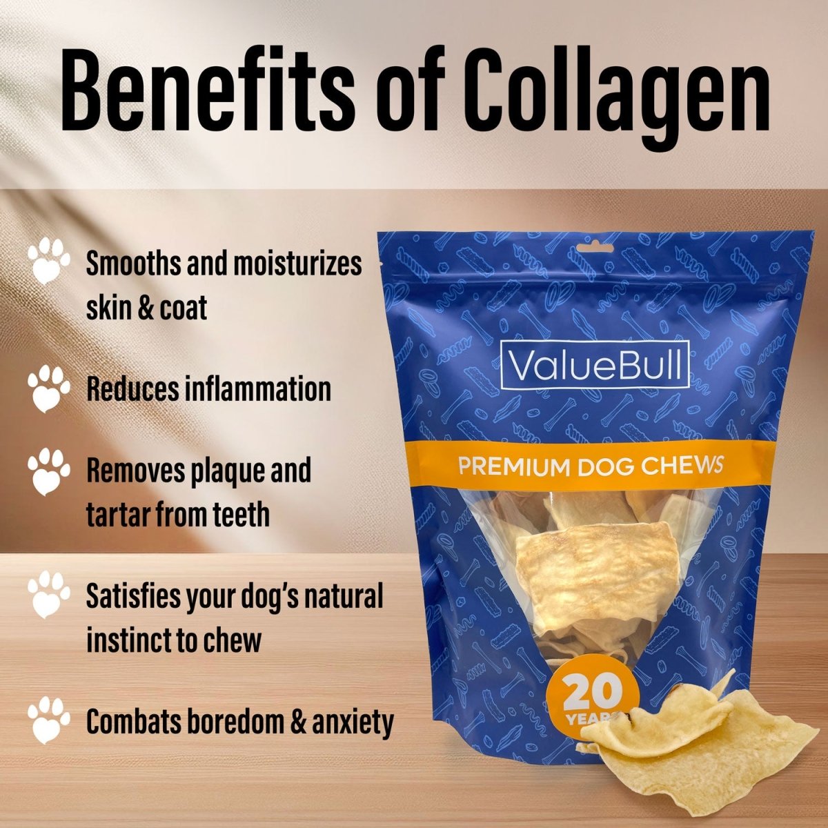 ValueBull USA Collagen Chips, Dog Chews, Natural Beef, 200 Count BULK PACK - ValuePetSupplies