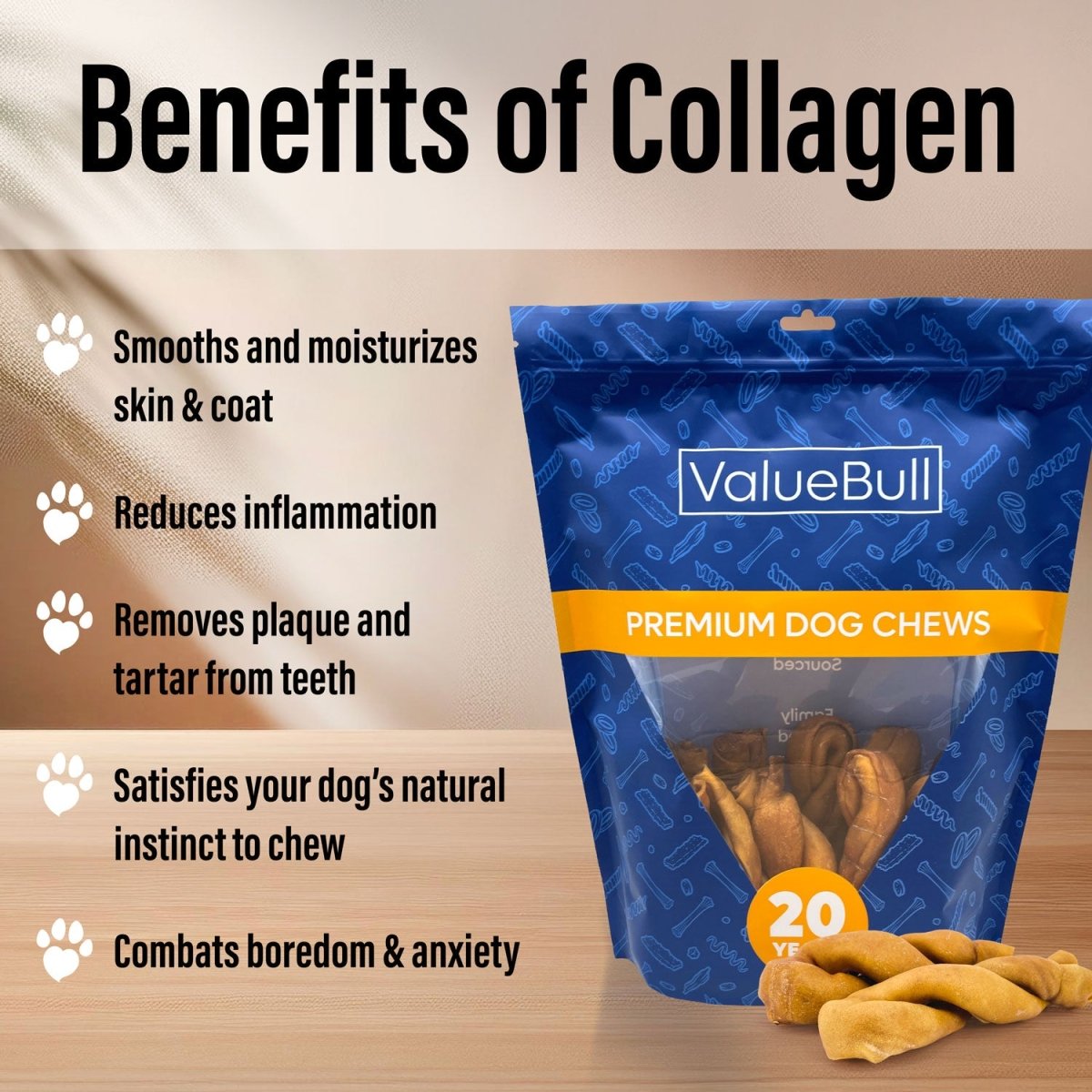 ValueBull USA Collagen Twists, Dog Chews, Natural Beef, Chicken Infused, 50 Count BULK PACK - ValuePetSupplies