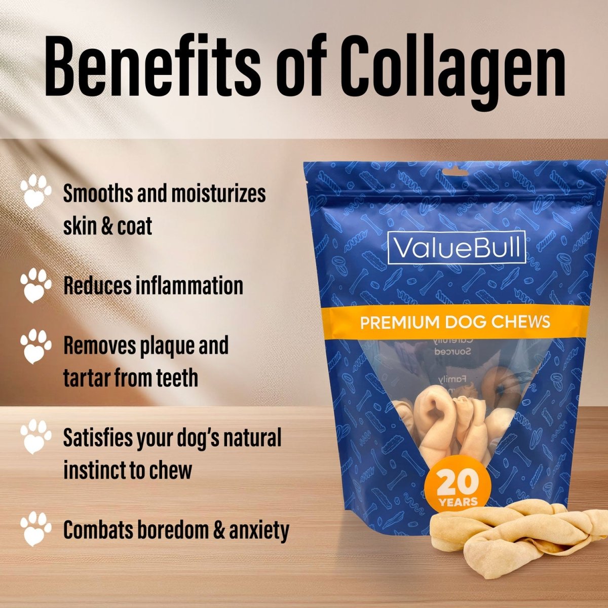 ValueBull USA Collagen Twists, Dog Chews, Natural Beef, 25 Count BULK PACK - ValuePetSupplies