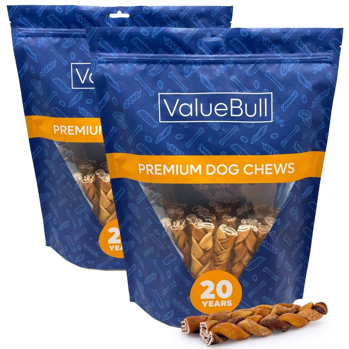 ValueBull USA Collagen Braids, Dog Chews, Natural Beef, Chicken Infused, Medium 6 Inch, 50 Count - ValuePetSupplies