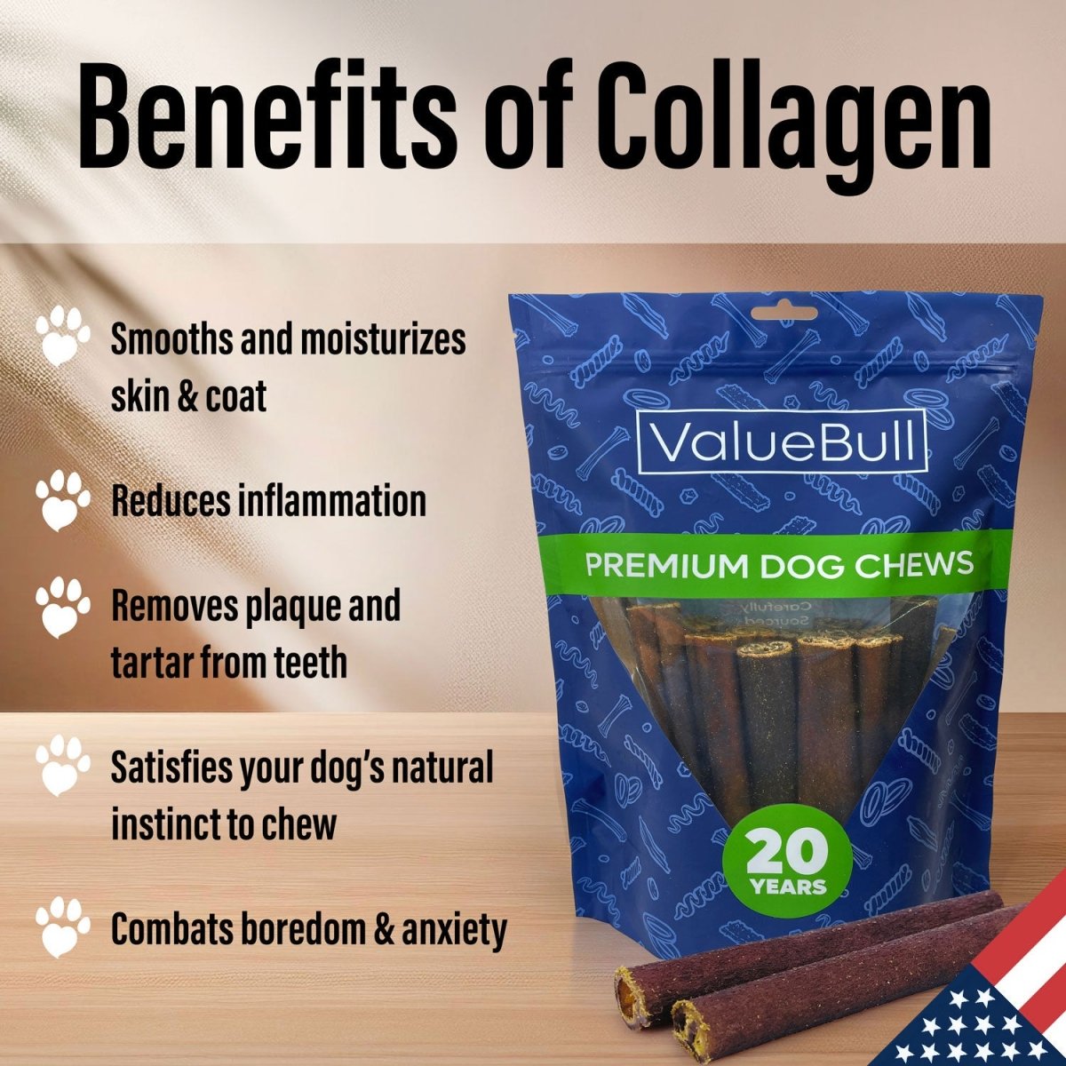 ValueBull USA Collagen Sticks for Dogs, 6 Inch Thick Chews, Natural Long-Lasting Dog Treats, 25 Count - Thick - 25 Sticks