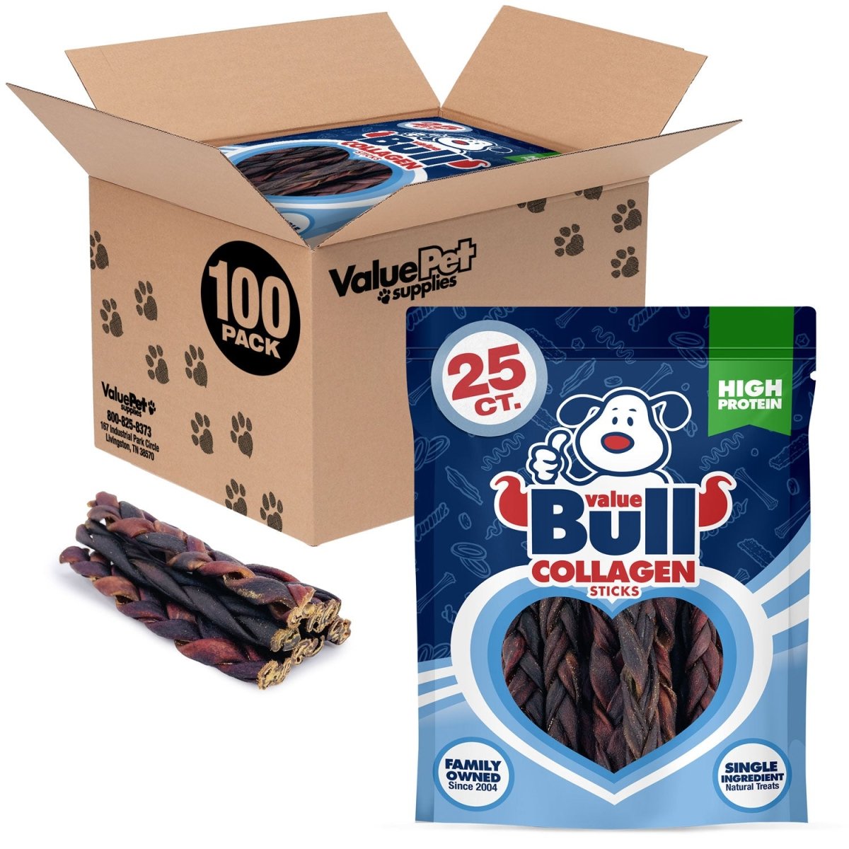 ValueBull USA Collagen Braided Sticks for Dogs, 6 Inch Thin Chews, Natural Dog Treats, 100 Count - ValuePetSupplies