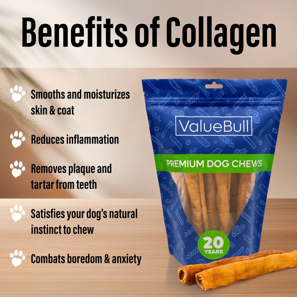ValueBull USA Collagen Retriever Rolls, Dog Chews, Natural Beef, Chicken Infused, 9 Inch, 10 Count - ValuePetSupplies