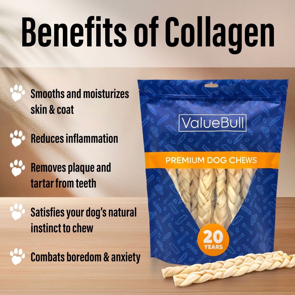 ValueBull USA Collagen Braids, Dog Chews, Natural Beef, Medium 12 Inch, 400 Count WHOLESALE PACK - ValuePetSupplies