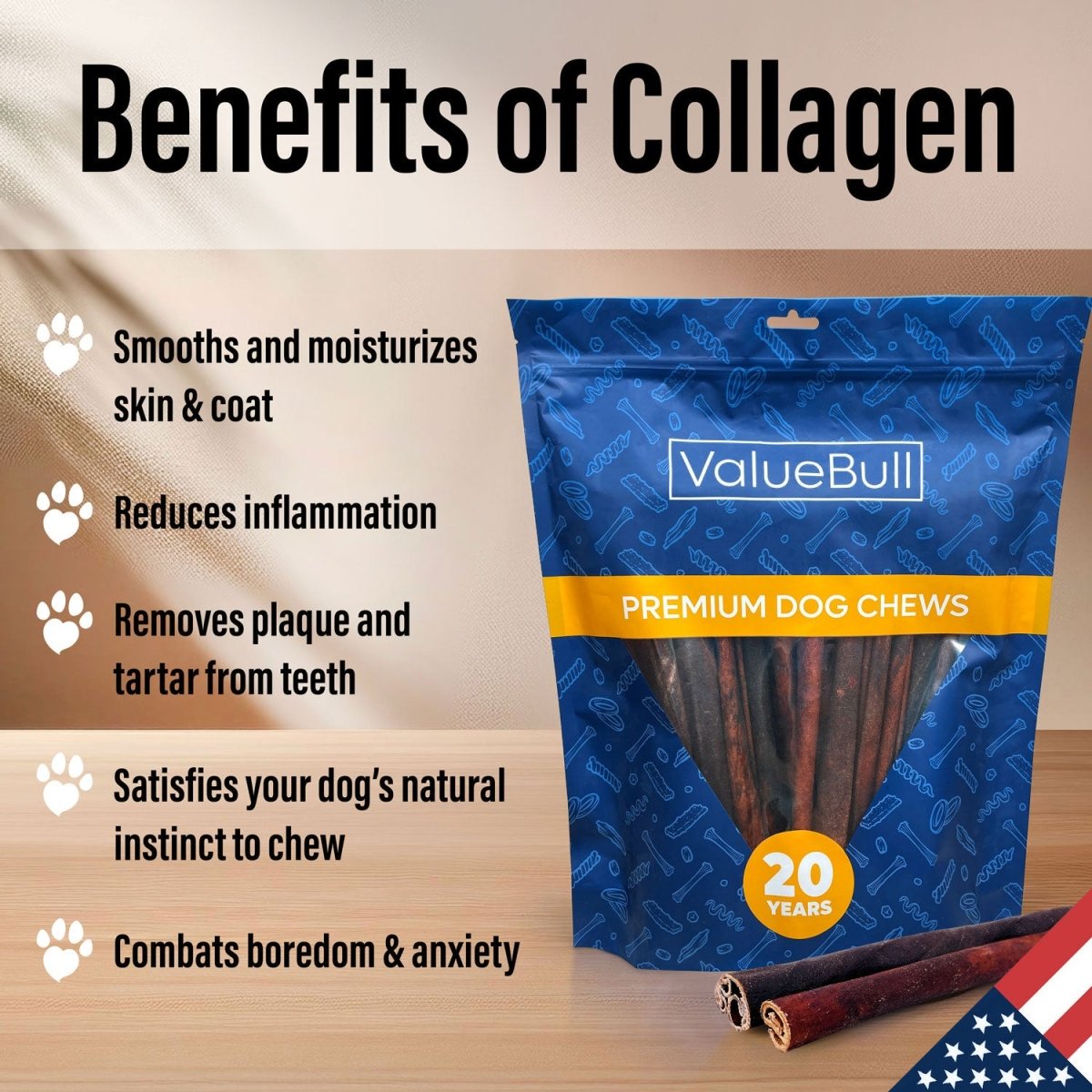 ValueBull USA Collagen Sticks For Dogs, Bully Sticks & Rawhide Alternative, Thick 12 Inch, 50 Count BULK PACK - ValuePetSupplies