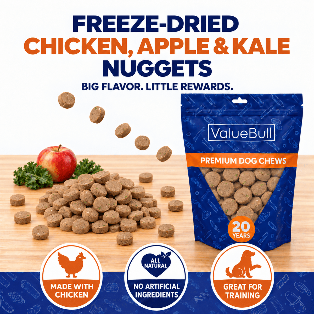 ValueBull USA Freeze Dried Chicken, Apple, Kale Training Treats for Dogs & Cats, 8 Pounds Wholesale Pack - ValuePetSupplies