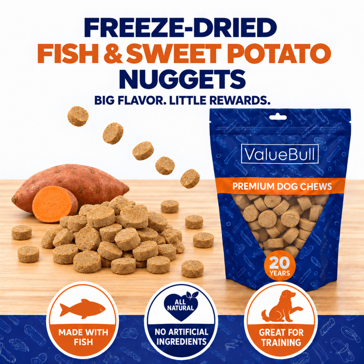 ValueBull USA Freeze Dried Fish & Sweet Potato Training Treats for Dogs & Cats, 2 Pounds - ValuePetSupplies