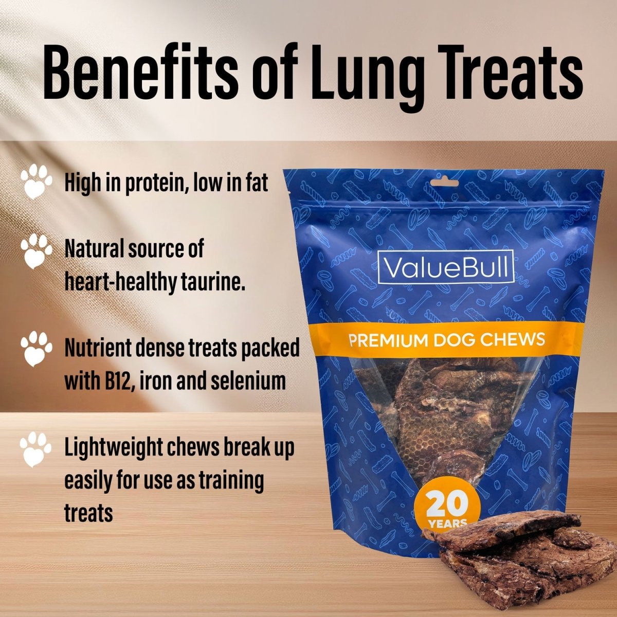 ValueBull Beef Lung Wafers, Premium 20 Pounds Wholesale Pack - Wafers - 20 Pound